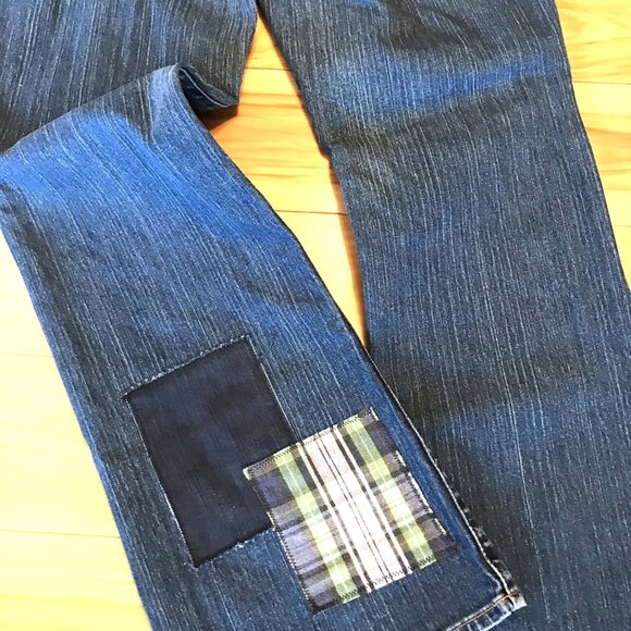 Flannel Patchwork Jeans, 8: Upcycled Flared Grunge Hippie Jeans, Funky Pants - Picture 7 of 15